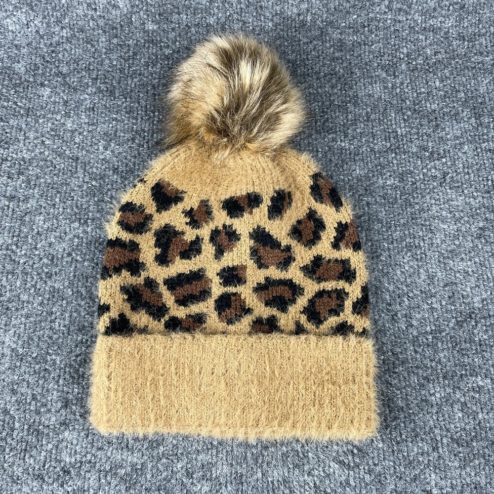 Marcus Adler Women's Fuzzy Knit Beanie Hat Brown Leopard Tan Faux Fur Pom Pom
